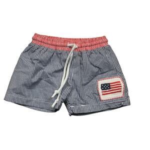 Cecil and LOU Boy 12M Gingham Shorts USA Flag Patch Beach Lined Red White Blue